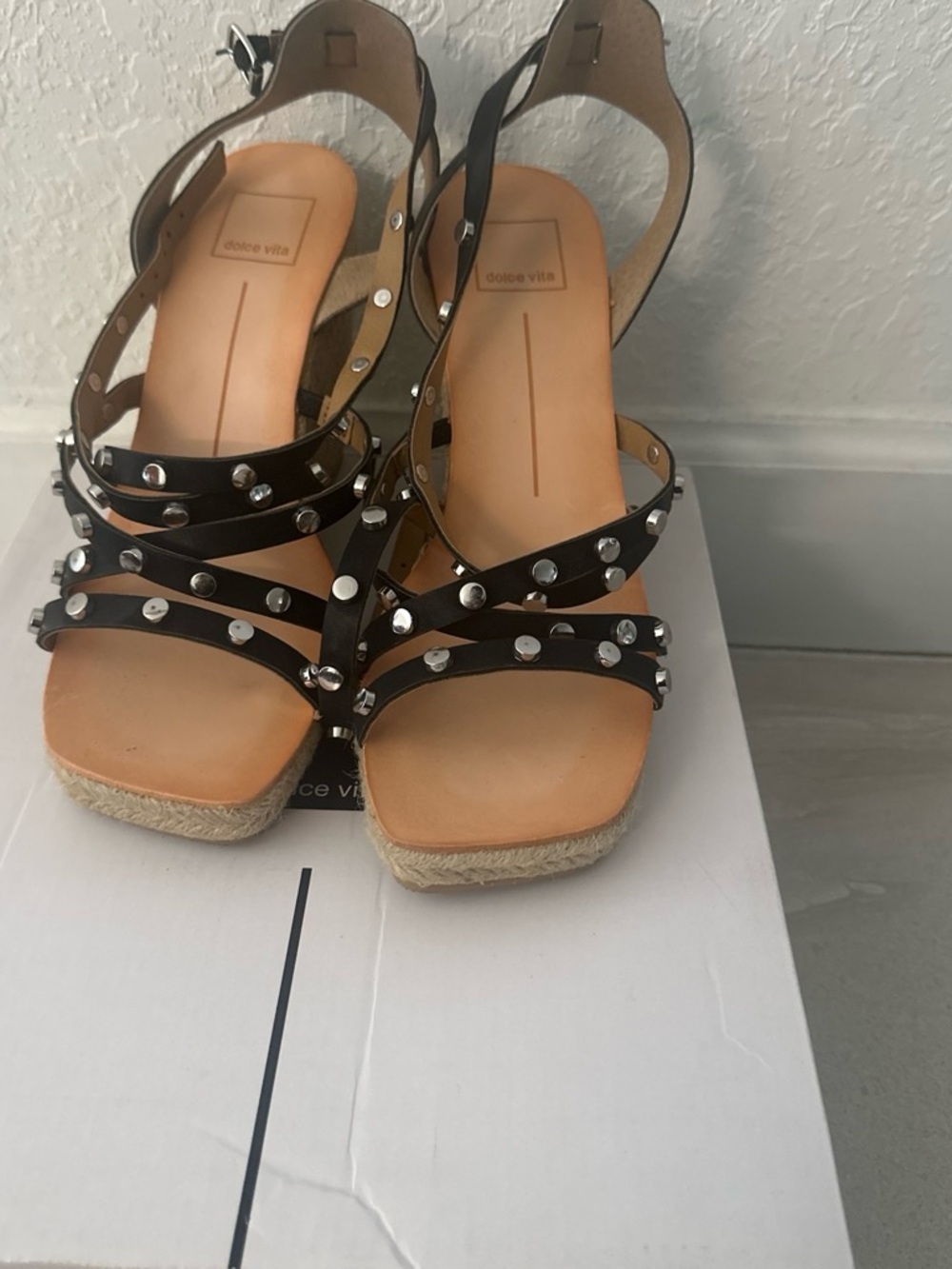 Dolce Vita Black Studded Espadrille Wedge Sandals with Silver Accents